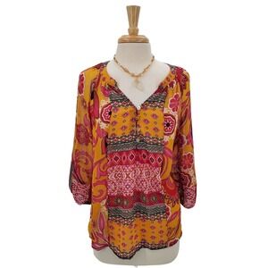 New Directions Womens M Orange Pink Floral Boho Peasant Blouse Tunic Top